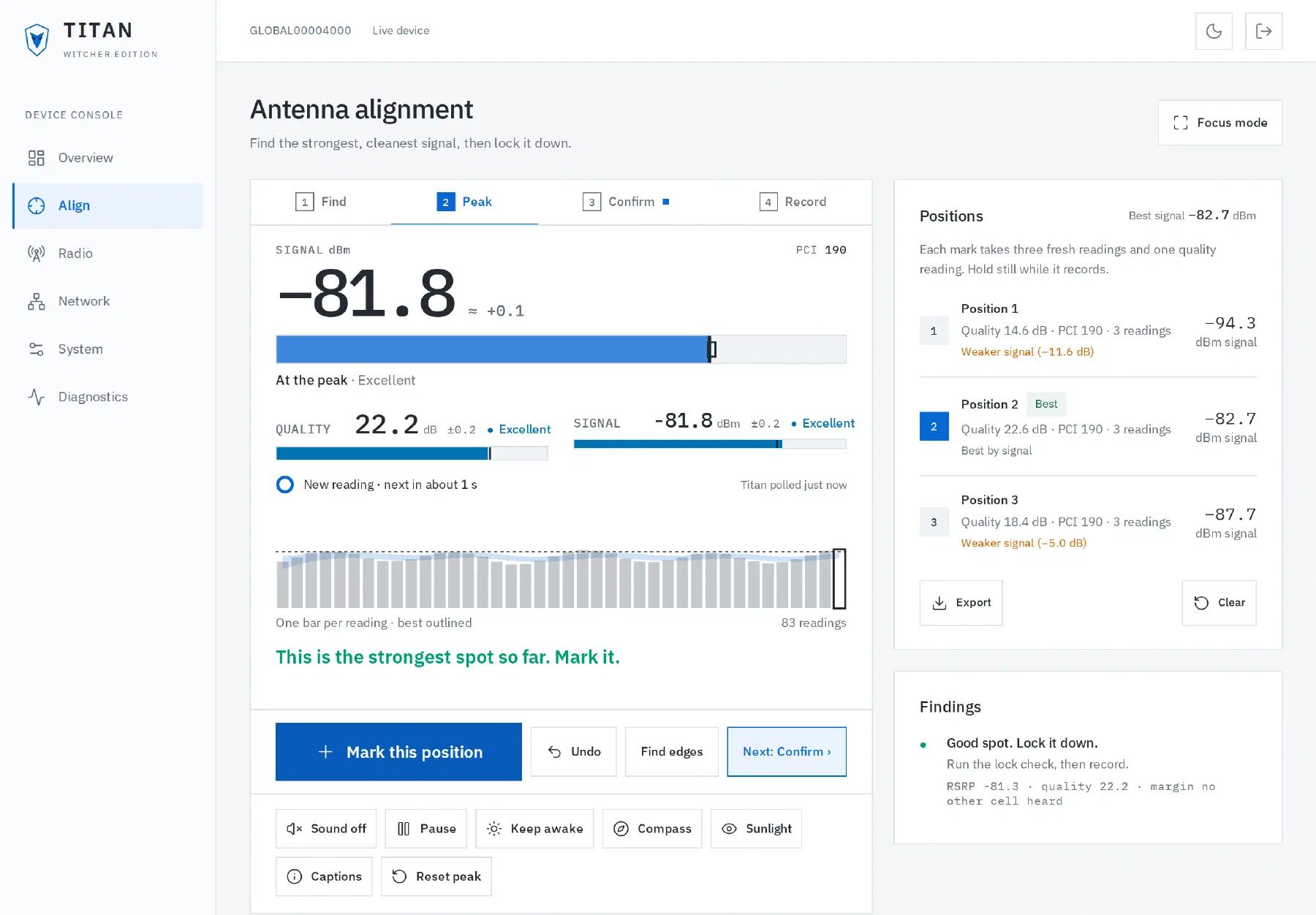Alignment workflow with Find, Peak, Confirm and Record steps and three scored positions