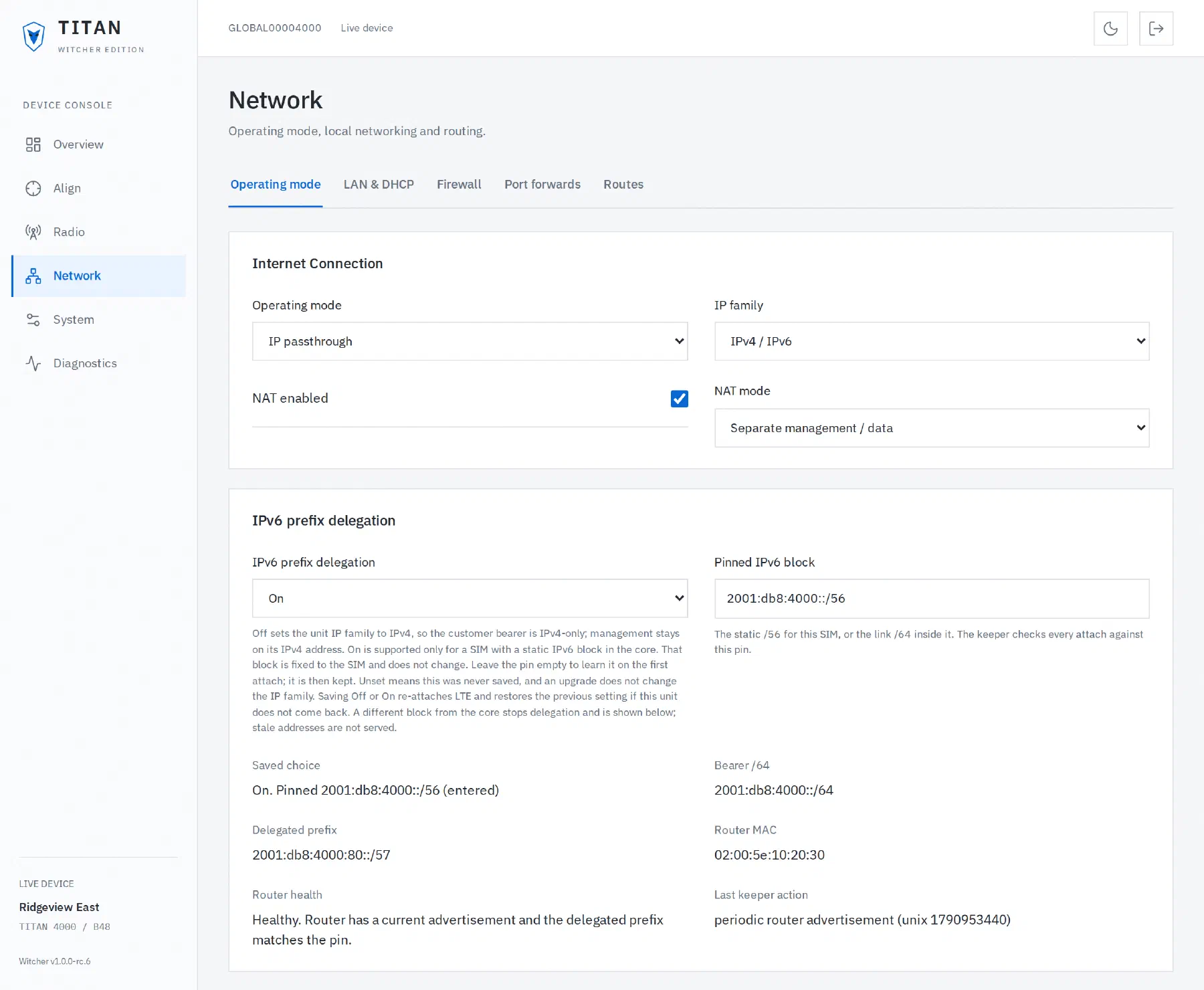 Network settings with IPv6 prefix delegation on and a pinned static block