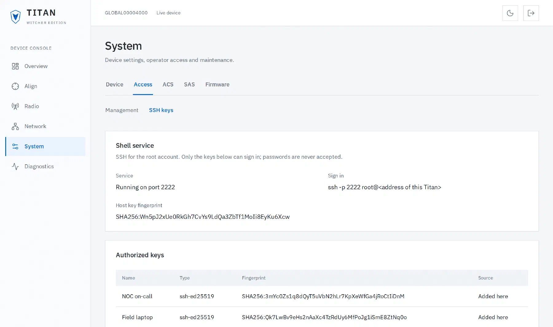 SSH key management screen
